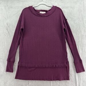 We The Free Top Womens XS Burgundy Waffle Knit Thermal Long Sleeve Tunic Slit